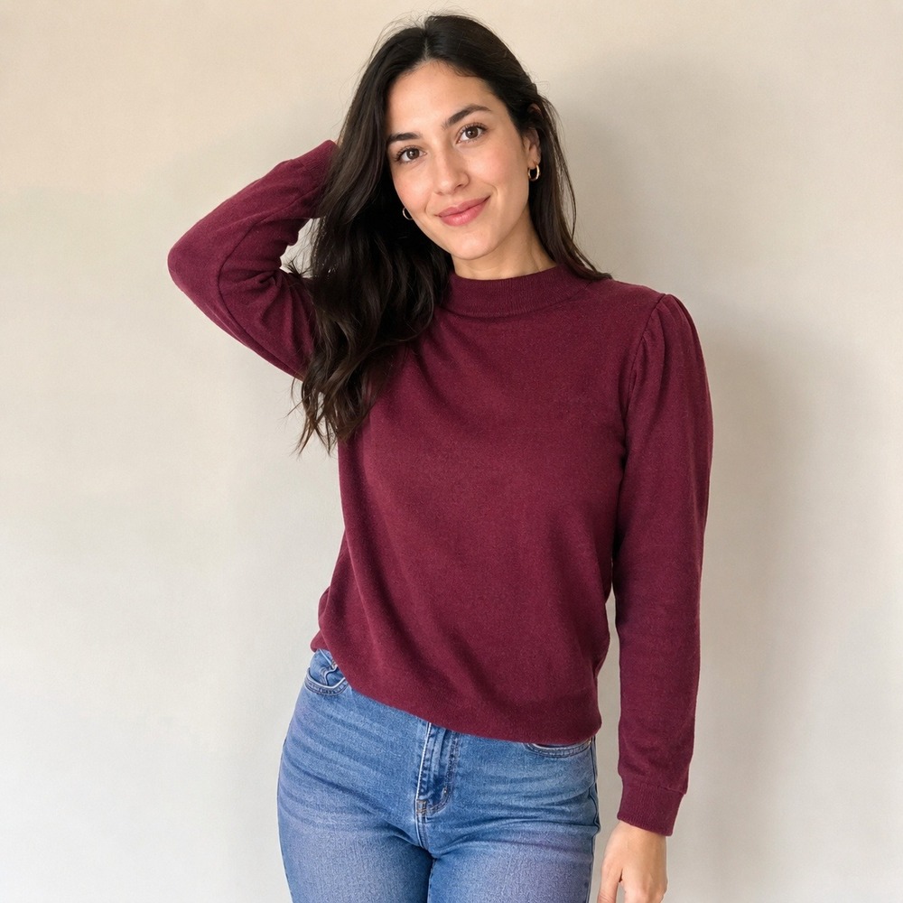 Madewell Burgundy Mock Neck Puff Sleeve Textured Knit Top XL CKP455955837